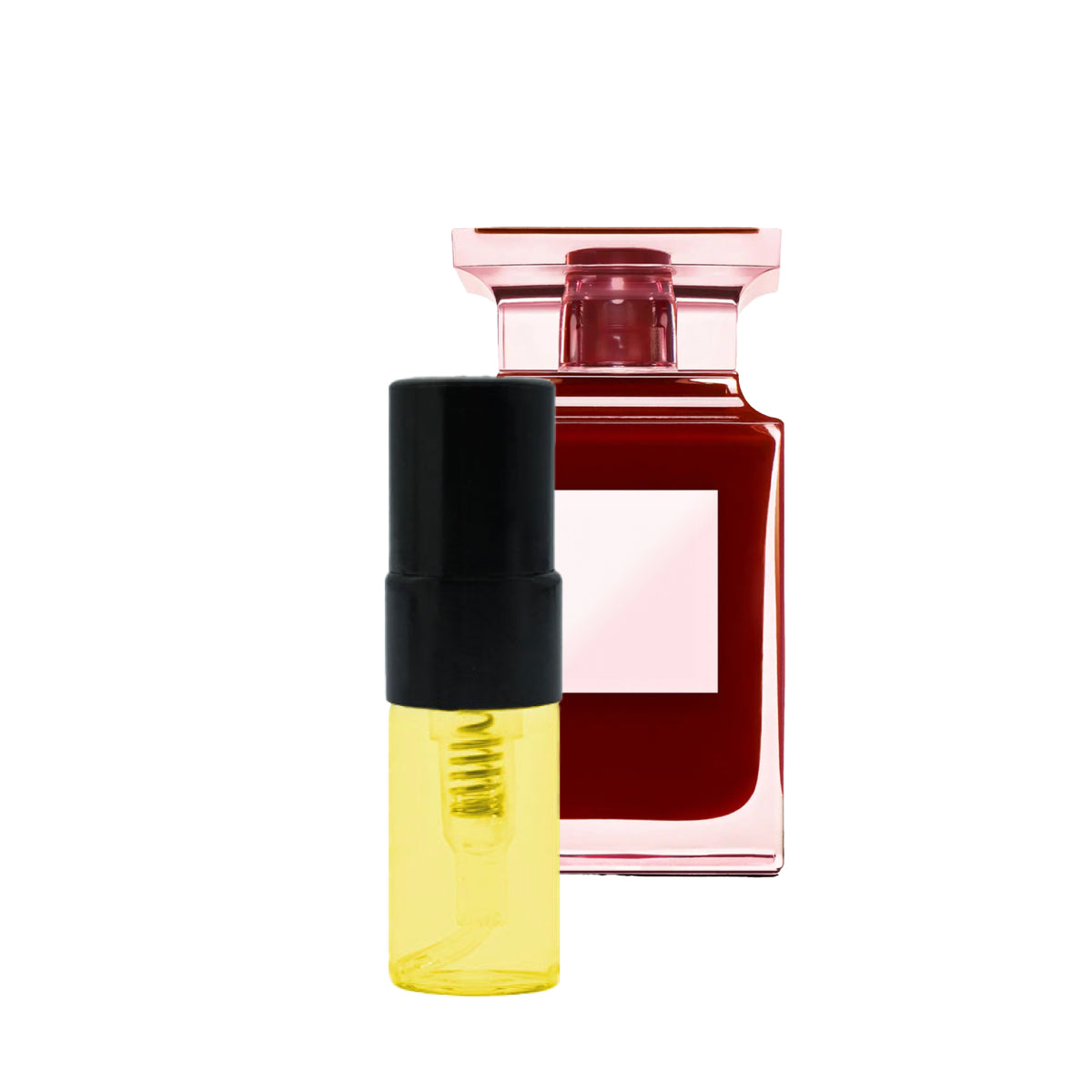 Im Vordergrund ein kleiner, transparenter gelber Sprühflakon mit schwarzem Deckel, dahinter ein roter Parfümflakon.