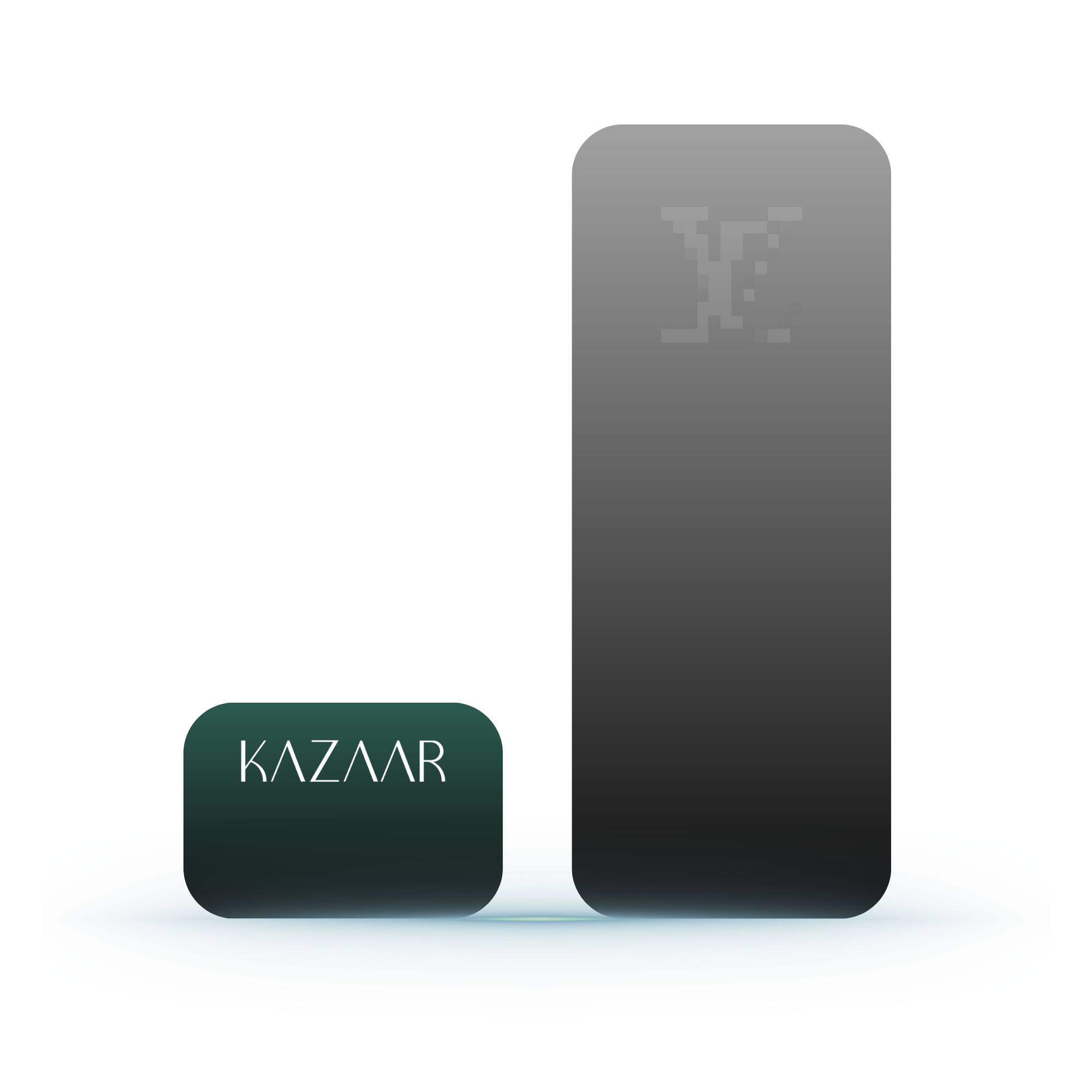 Zwei rechteckige Objekte auf einem bläulichen, ovalen Untergrund; links ein dunkles Objekt mit dem Schriftzug „KAZAAR“.