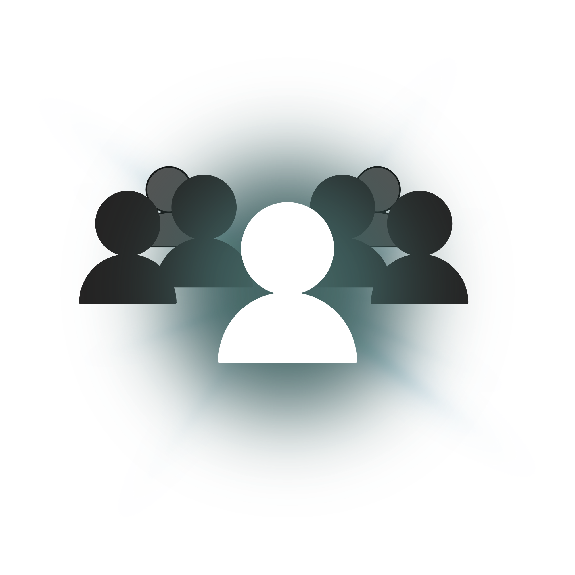 In der Mitte des Bildes befindet sich ein großes, weißes Symbol einer Person. Dahinter stehen fünf dunkelgraue und schwarze Personensymbole, die kleiner und teilweise transparent dargestellt sind, was auf eine Gruppe oder Gemeinschaft hindeutet. Die Hintergrundfläche ist kreisförmig und weist konzentrische, bunte Ringe auf, die in Blautönen leuchten. Um den Kreis herum befinden sich abstrahierte, strahlenförmige Motive in Blau, die den Fokus auf die zentrale Figur lenken.