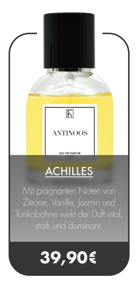 Eine Flasche Parfüm mit gelber Flüssigkeit, schwarzem Deckel und weißem Etikett mit Aufschrift „ANTINOOS“. Darunter Produktbeschreibung und Preis.