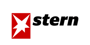 Ein weißer, stilisierter Stern mit fünf ungleichmäßigen Zacken auf rotem Rechteck, daneben schwarzer Schriftzug „stern“.